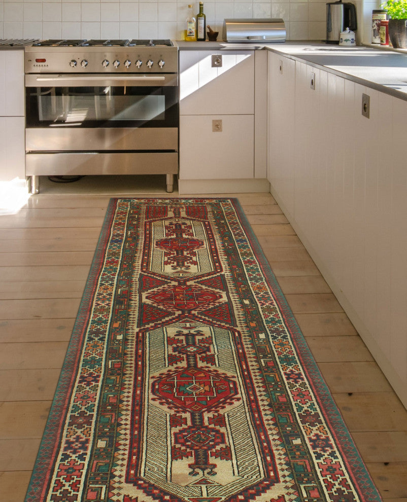 Fine Vintage Distressed Jacquely Rust/Beige Runner, 3'5x13'8