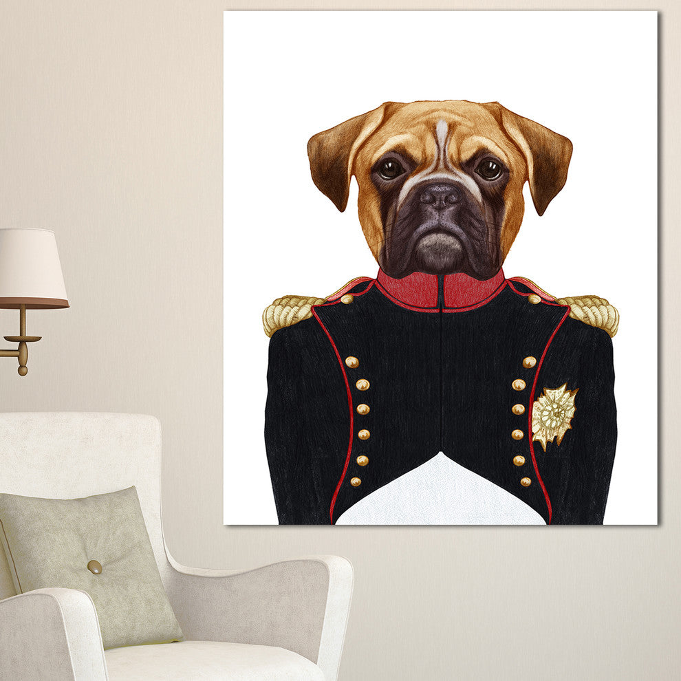 Boxer Dog in Military Uniform, Animal Canvas Art Print, 30"x40"