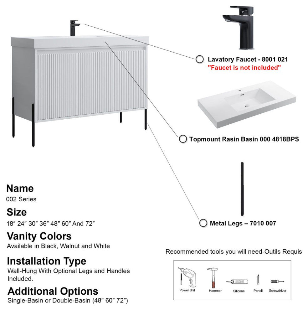 Flutie 48" Bathroom Vanity Set, White, Single Resin White Sink