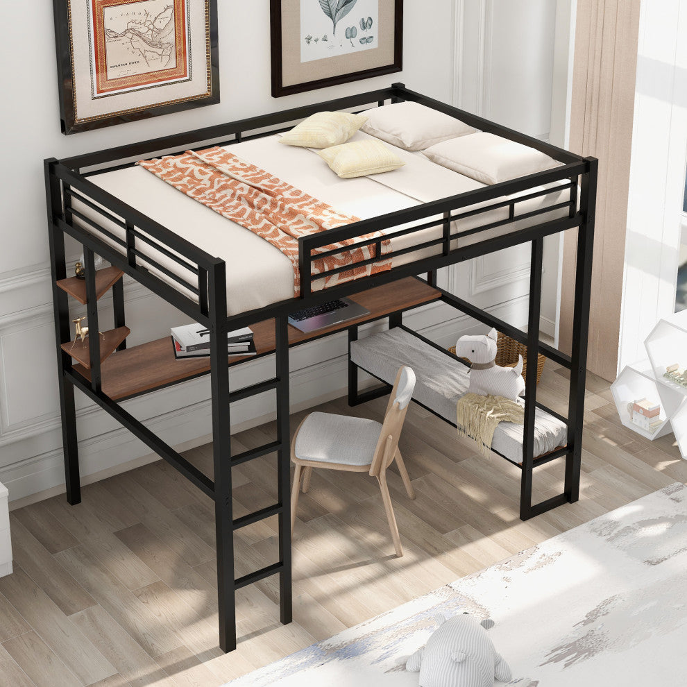Gewnee Full Size Loft Metal&MDF Bed with Long Desk and Shelves in Black