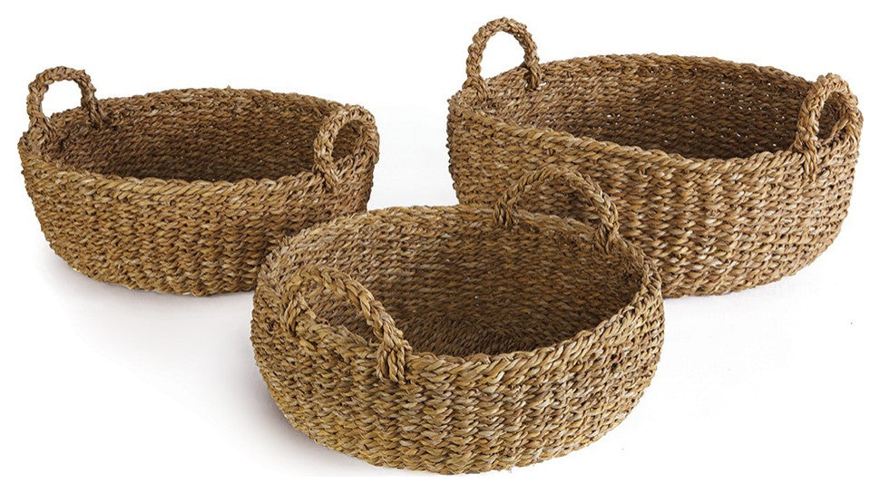 Set of 3 Woven  Sea Grass Shallow Storage Baskets Round 20 18 16 in Natural Spa