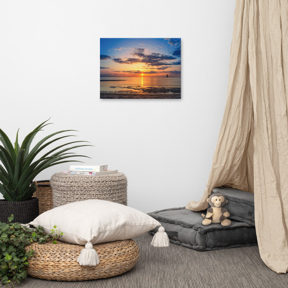 Sunset at Breakwater Lighthouse Coastal Landscape Photo Canvas Print, 18" X 24"