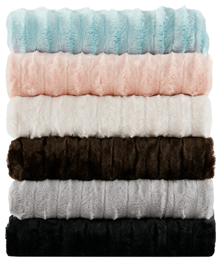 Madison Park Solid Stripe Plaited Brushed Long Fur Knitted Throw, Black