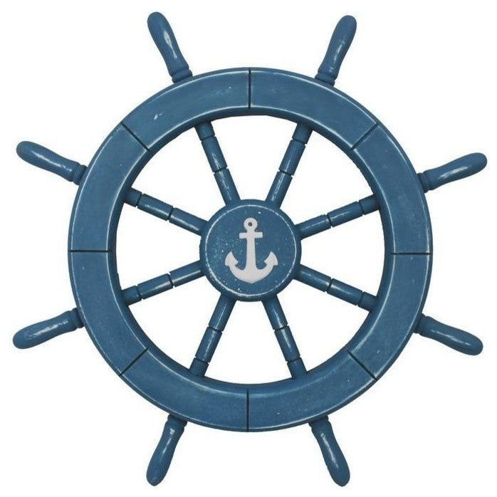 Rustic All Decorative Ship Wheel With Anchor, Light Blue, 18"