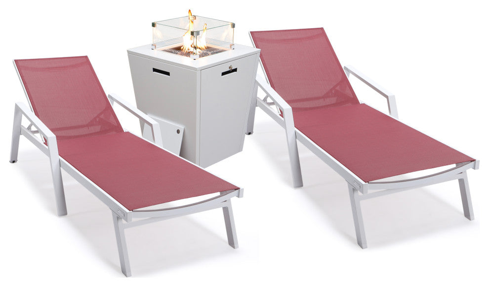 LeisureMod Marlin Chaise Lounge Set With Arms and Fire Pit Table, Burgundy