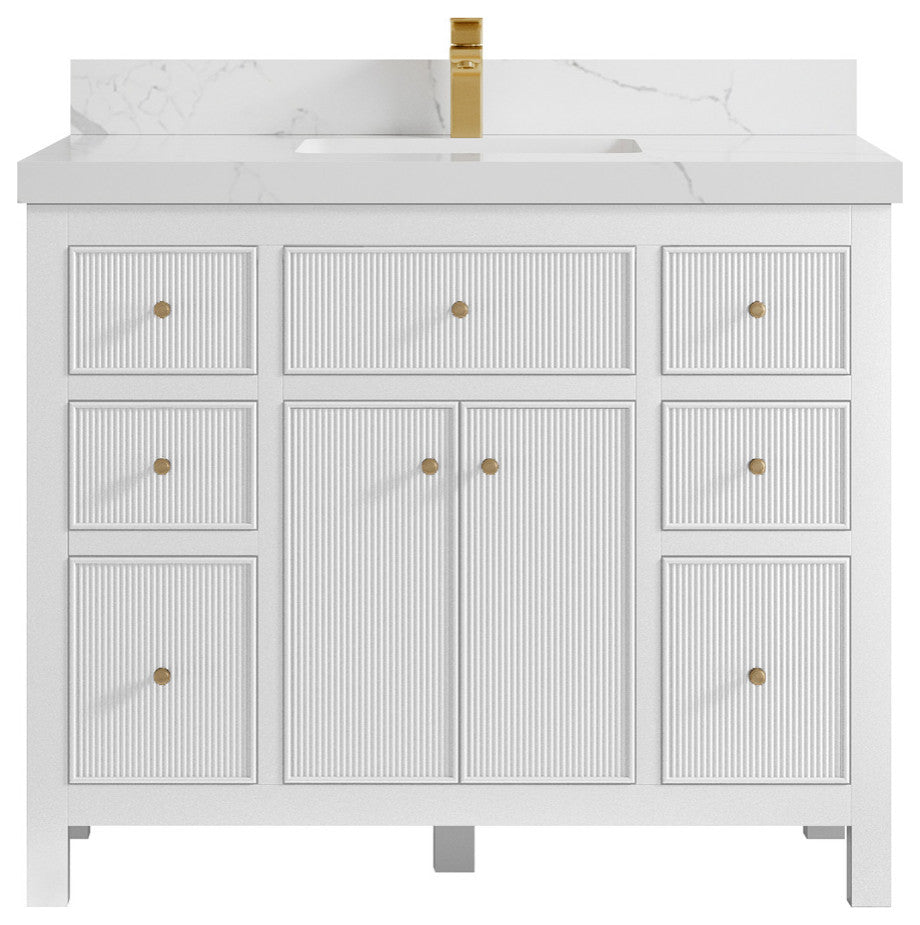 Sonoma 42 Single Sink Reeded Bath Vanity in White 2" Calacatta Laza