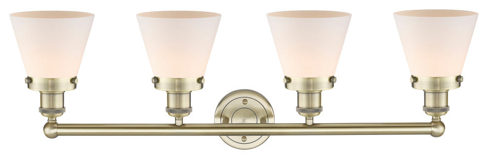 Edison Cone 4-Light 34" Vanity Light, Antique Brass Finish, Matte White Shade