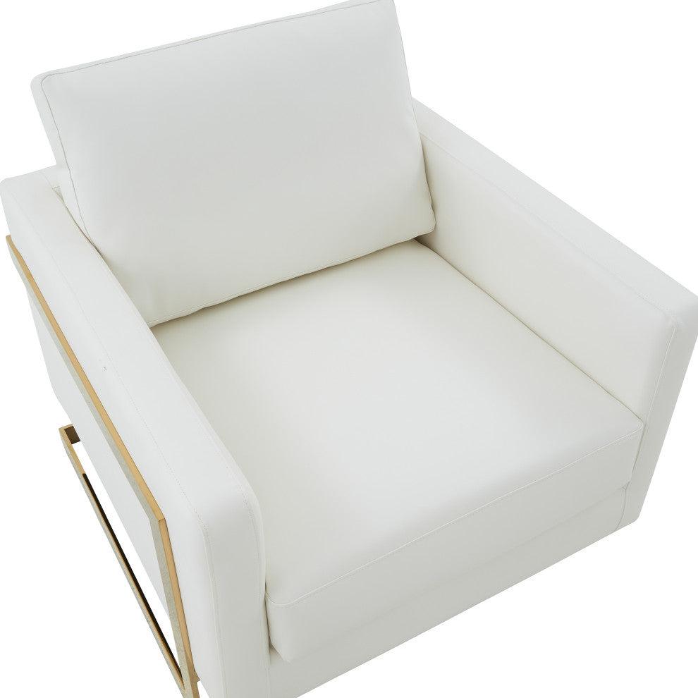 LeisureMod LA31W-L Lincoln White Leather Accent Armchair With Gold Frame