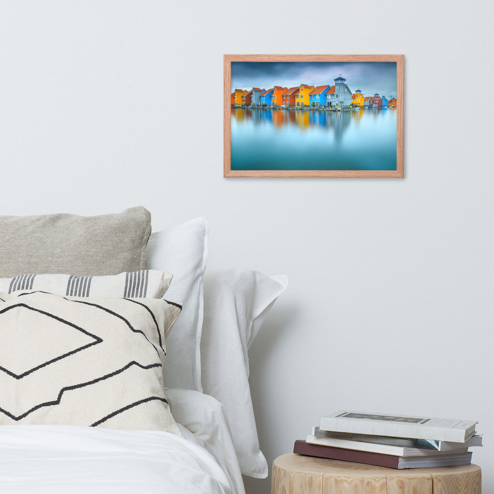 Blue Morning at Waters Edge Landscape Framed Photo Paper Wall Art Prints, Red Oak, 12" X 18"