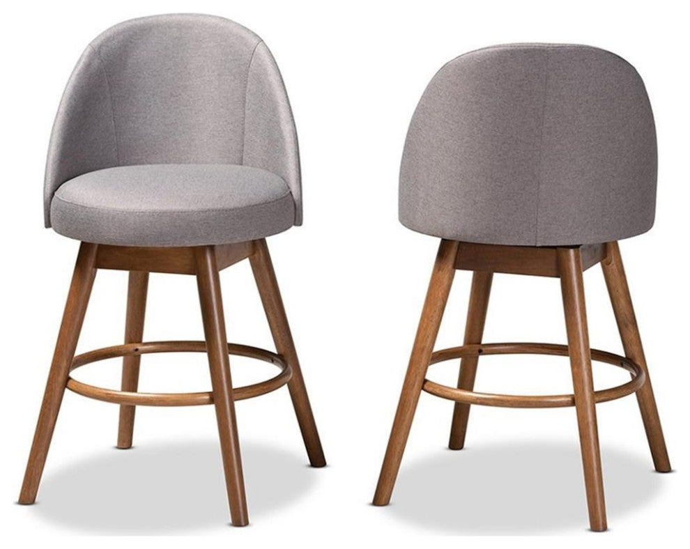Bowery Hill Gray Upholstered Wood Swivel Counter Stool in Walnut (Set of 2)