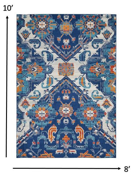8' X 10' Blue And Ivory Floral Power Loom Area Rug