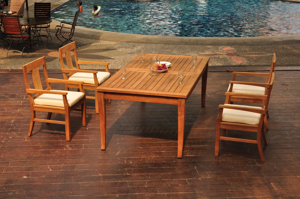 5-Piece Outdoor Teak Dining Set, 122" X-Large Rectangle Table, 4 Osbo Arm Chairs