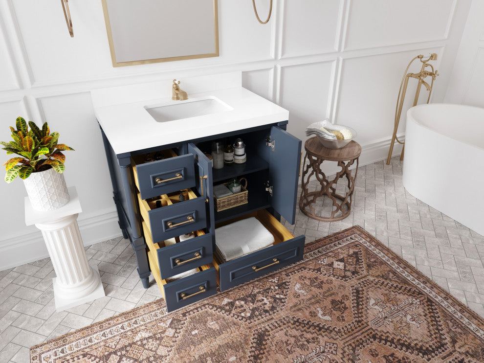 Aberdeen 36 Center Sink Bath Vanity in Hale Navy Blue  2" Empira Quartz