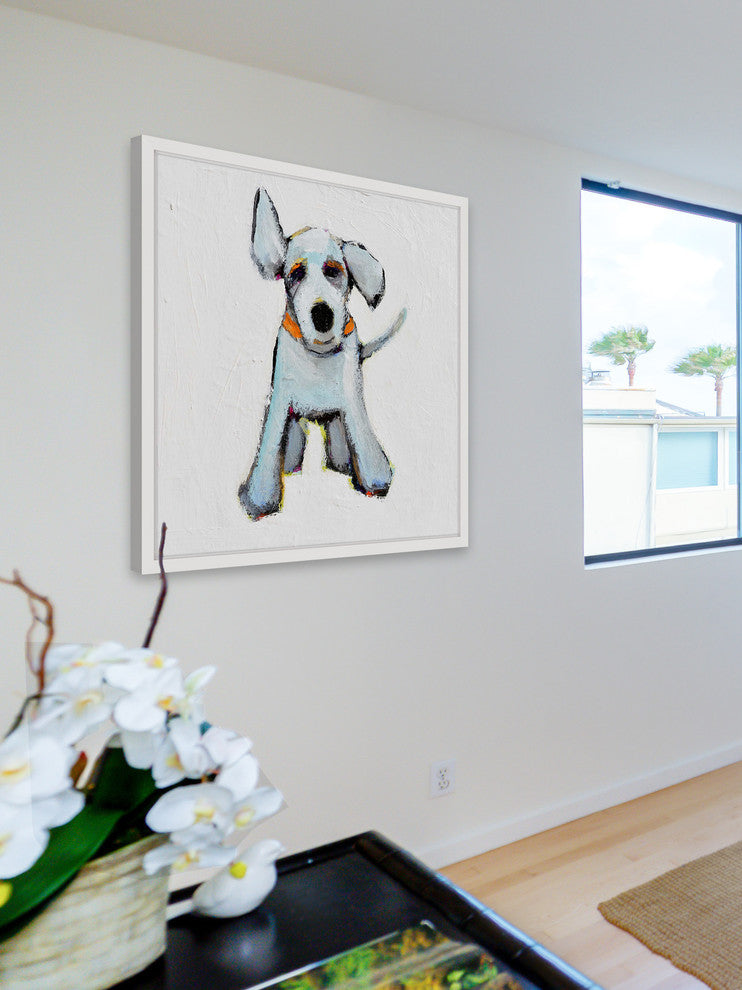 "Small White Pup" Framed Painting Print, 18"x18"