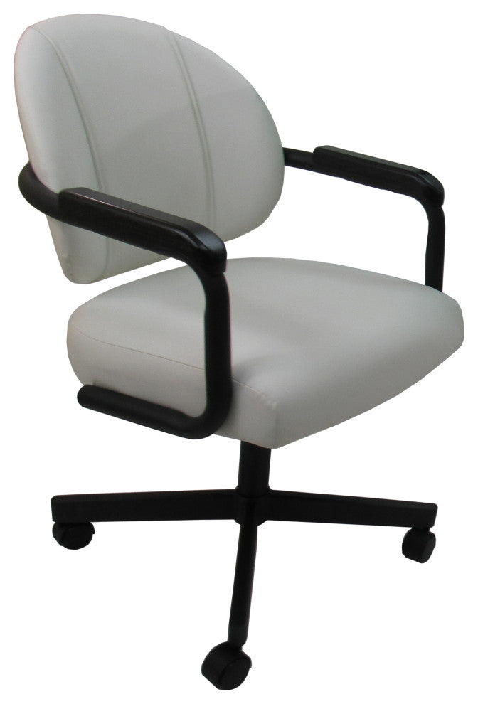 Glass Dinette Set M-70 Swivel Caster Chairs, White Vinyl - Black