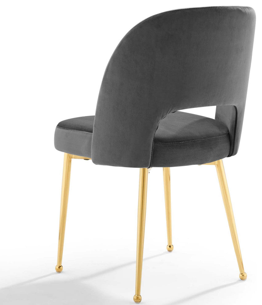 Side Dining Chair, Set of 2, Velvet, Metal, Dark Gray, Modern, Cafe Bistro