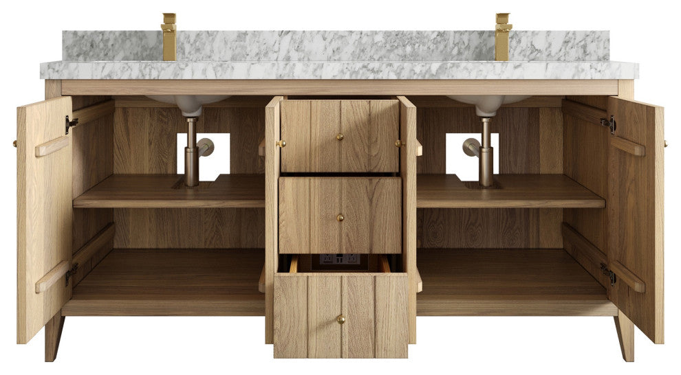 Atlanta Oak 72" Double Sink Bath Vanity, White 2" Carrara Marble