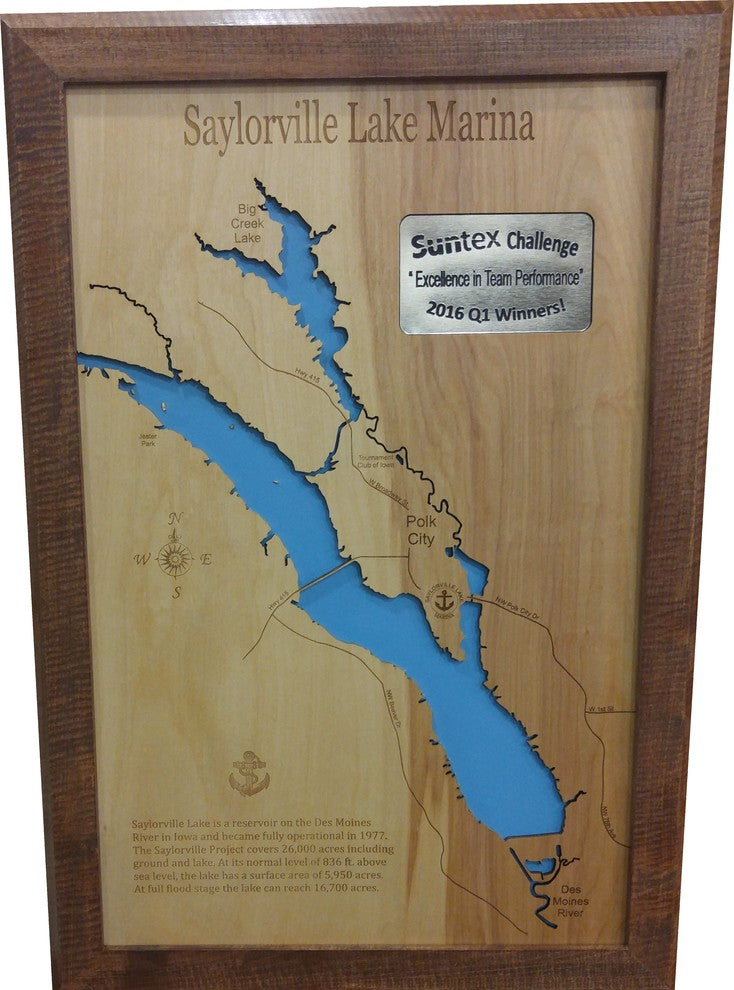 Saylorville Lake, Iowa-Wood Lake Map, Large Framed