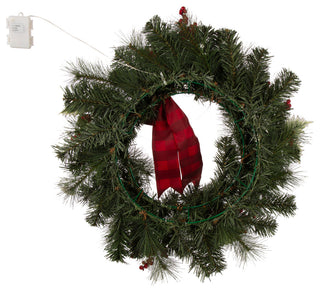 24" LED Pre-Lit Greenery Buffalo Berry Holly Pine cone Rattan Ornament Wreath
