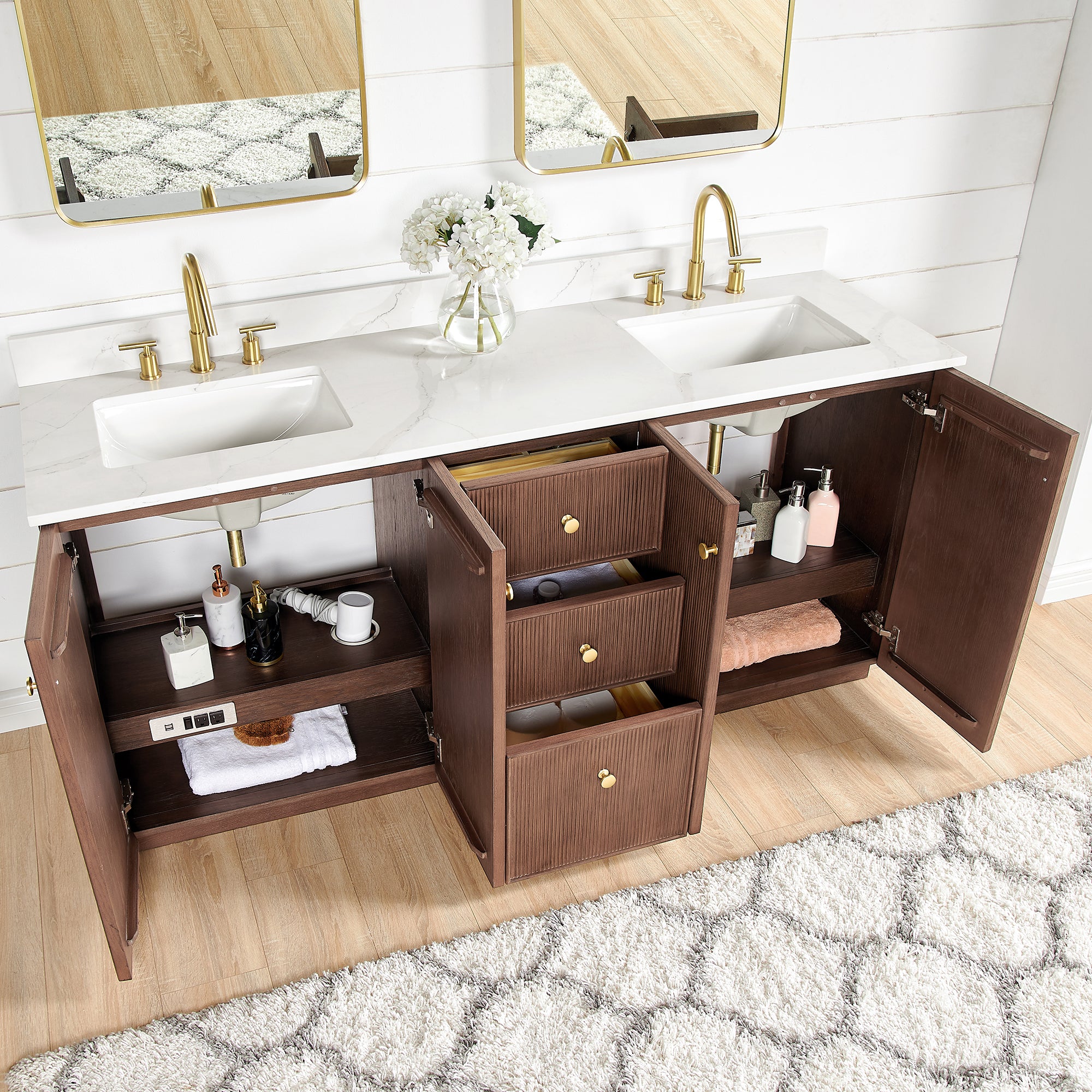 Oza Bath Vanity with Quartz Stone Top, Aged Dark Brown Oak, 72", Double Vanity, No Mirror