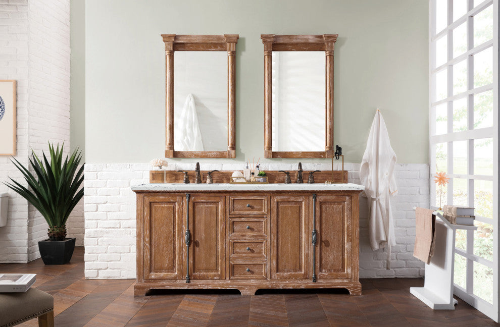 James Martin 238-105-5711-3ENC 72" Double Vanity Cabinet Driftwood + Quartz Top