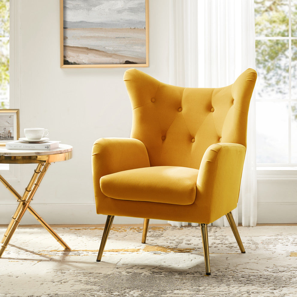 Tufted Accent Chair With Golden Legs, Mustard