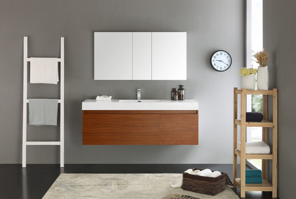 Mezzo 60" Teak Wall Hung Single Sink Modern Bathroom Vanity, FFT3111CH
