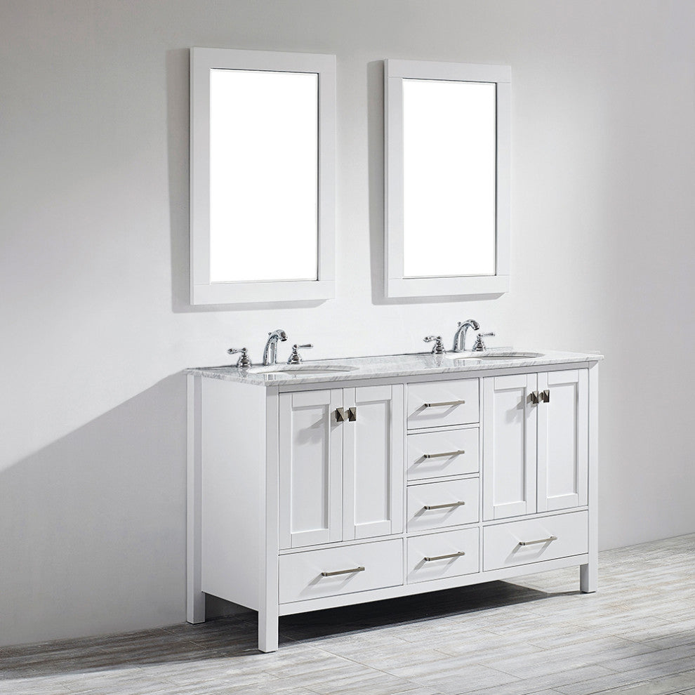 Gela 60" Double Vanity in White with Carrara White Marble Countertop With Mirror