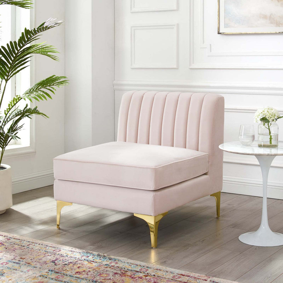 Tufted Sofa Middle Chair, Velvet, Pink, Modern, Living Lounge Hotel Hospitality