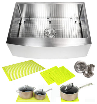 30" Curved Front Apron Stainless Steel Kitchen Single Bowl Sink Package
