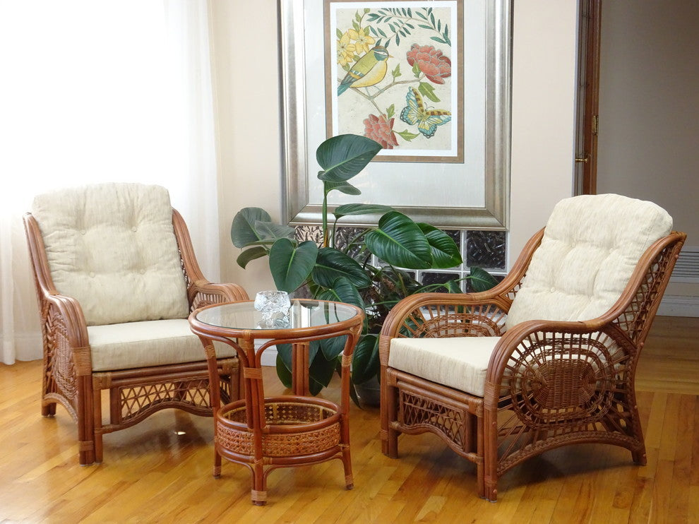 Malibu 3-Piece Rattan Wicker Living Room Set With Cushions, Colonial/Cream