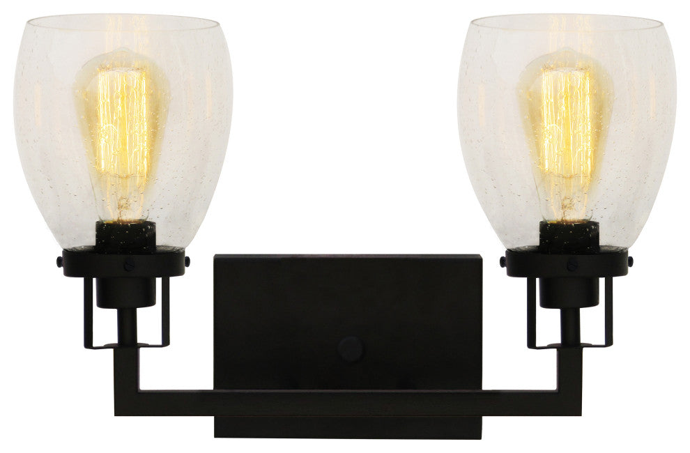 Jordan 2-Light Vanity Light, Matte Black With Clear Seeded Glass Shades
