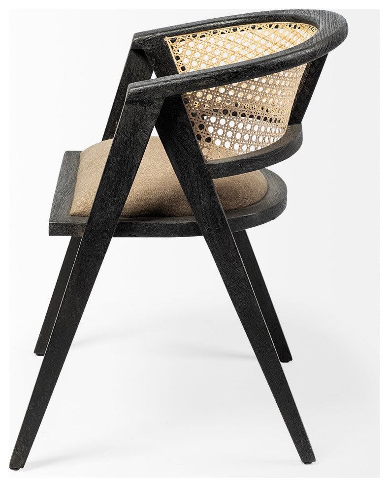 Tabitha Beige Fabric With Black Solid Wood Frame and Cane Back Dining Chair