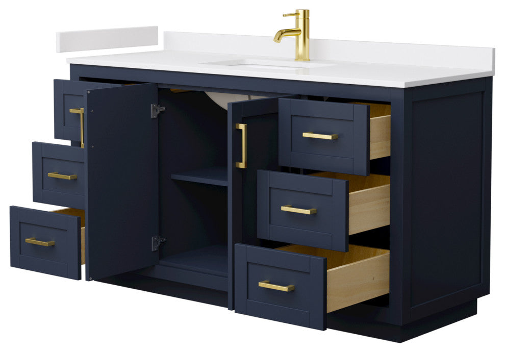 60"SGL Bathroom Vanity Dark Blue, White Cult. Marble Countertop, Sink, Gold Trim