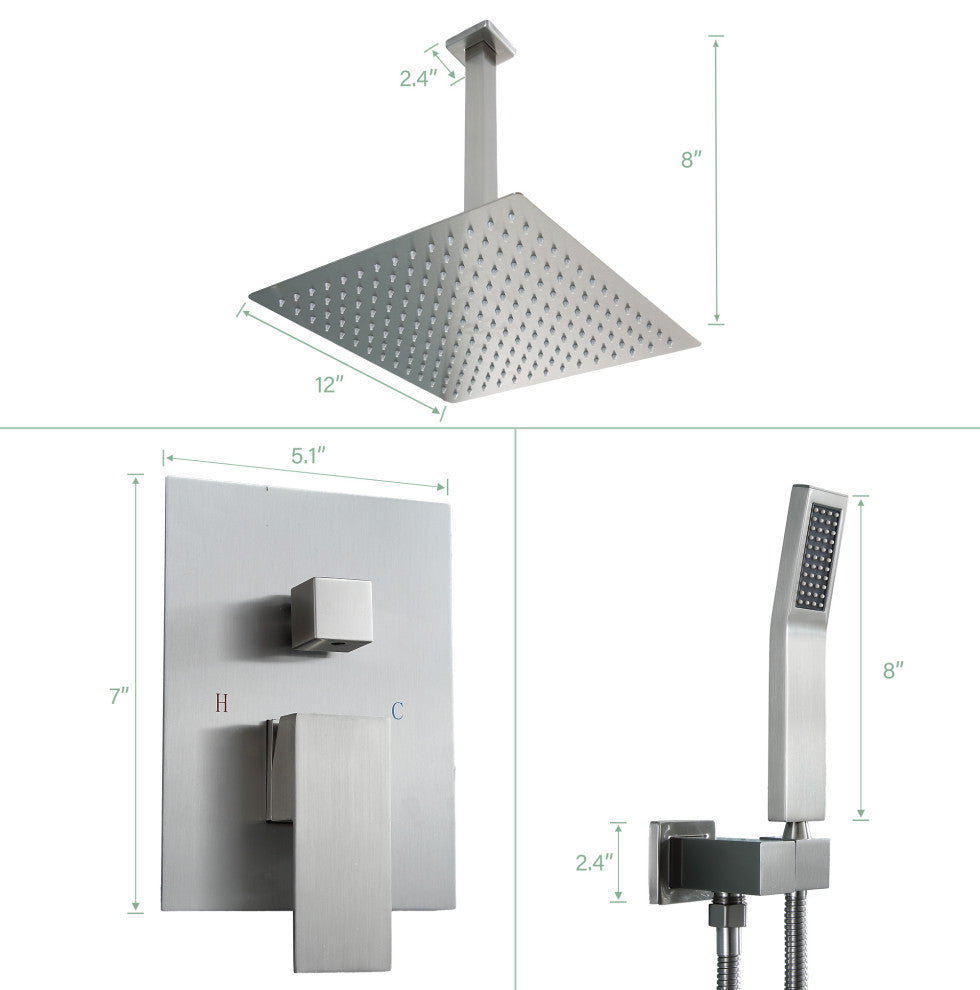 Concealed Ceiling Shower Head With Handheld Shower, Hose and Arm, Brushed Nickel