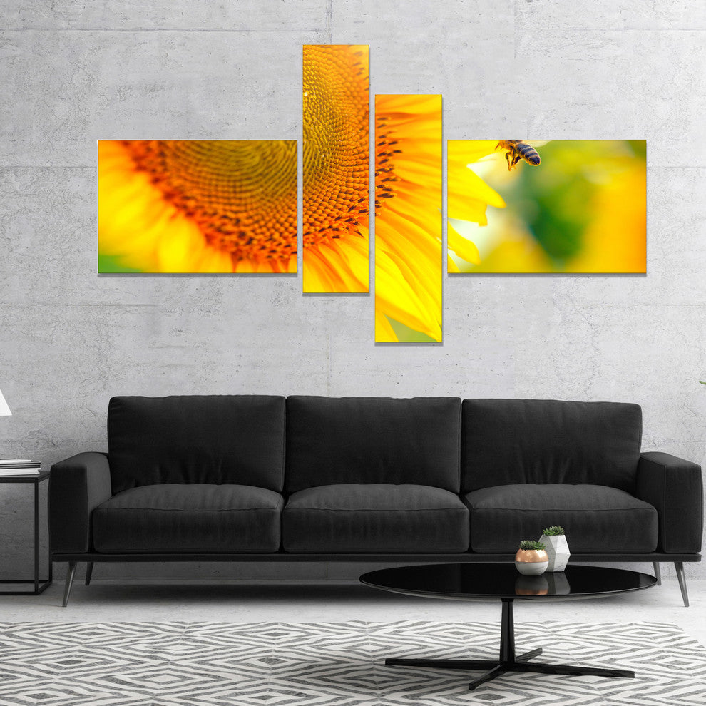 Beautiful Sunflowers Blooming, Large Animal Canvas Art Print, 60"x32", 4 panels