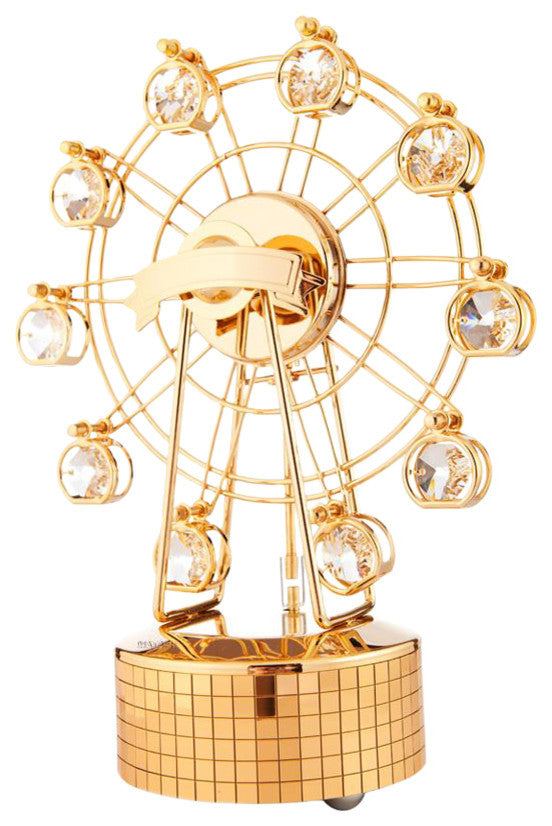 24K Gold Plated Music Box With Crystal Studded Ferris Wheel Figurine