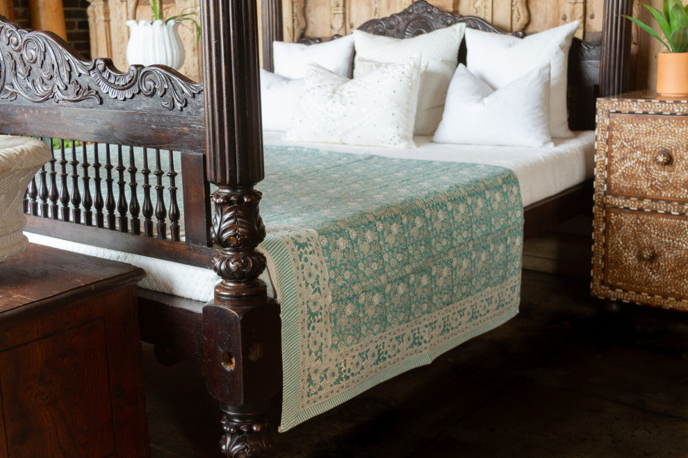Oleander Aqua Block Print Cotton Coverlet