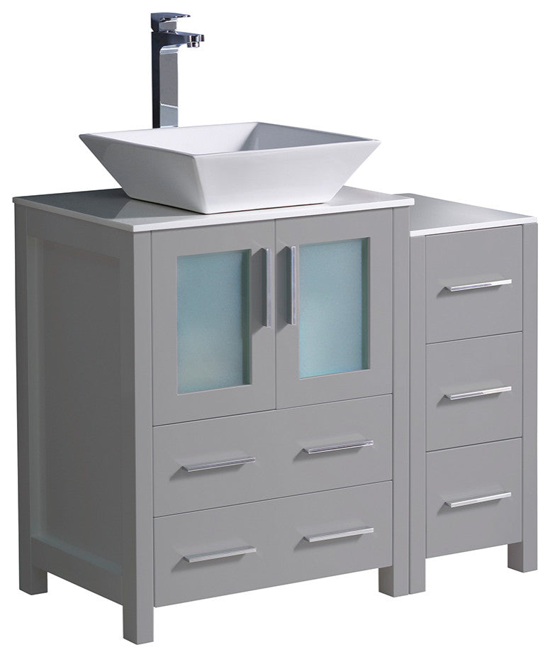 Torino Modern Bathroom Cabinets With Top and Vessel Sink, Gray, 36"