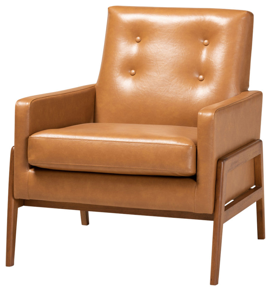 Yivi Mid-Century Tan Faux Leather and Walnut Brown Wood Lounge Chair