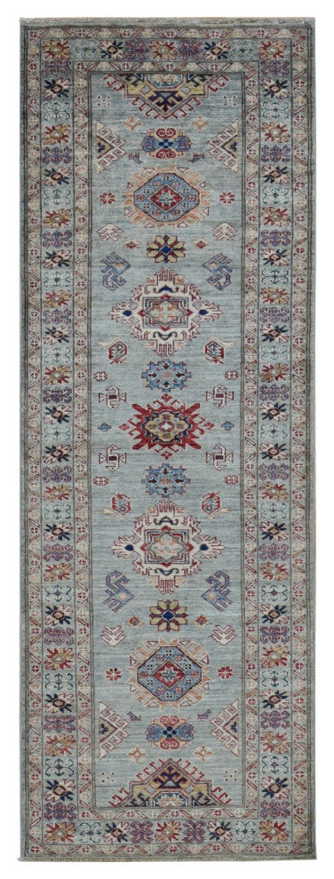 Light Gray Afghan Super Kazak Geometric Design Hand Knotted Wool Rug 2'10"x8'