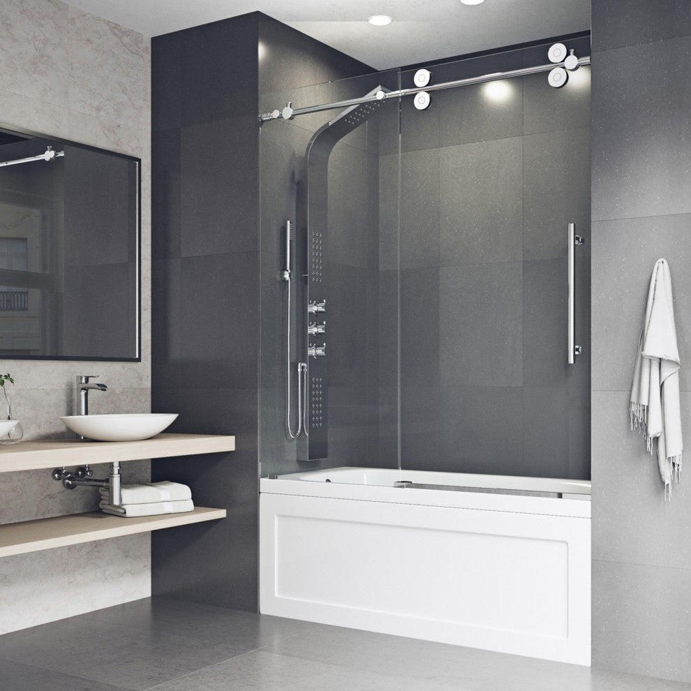 VIGO Elan 56" to 60" W x 66" H Frameless Sliding Tub Door, Chrome, Clear Glass