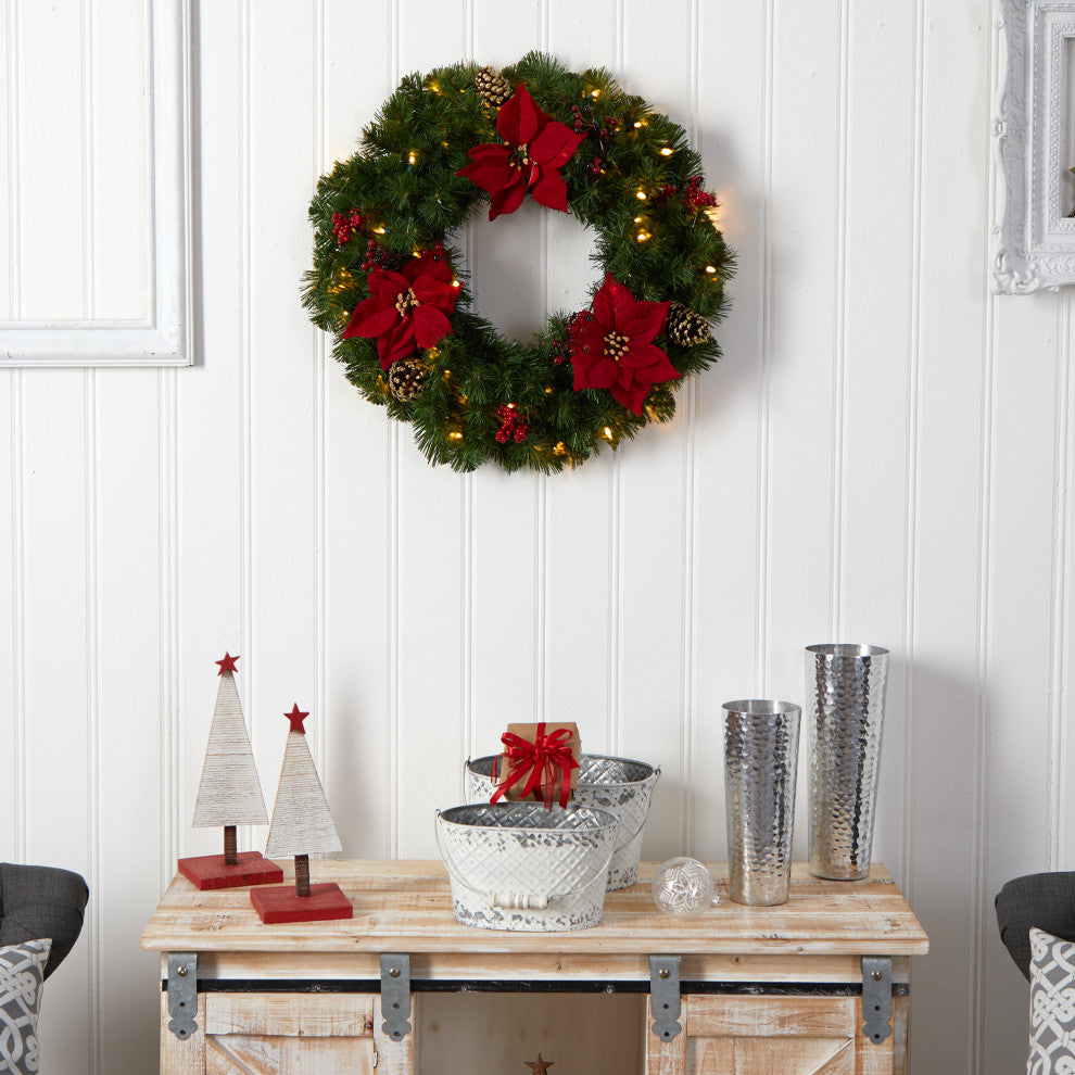24" Poinsettia, Berry and Pinecone Faux Wreath With 50 Warm White LED Lights