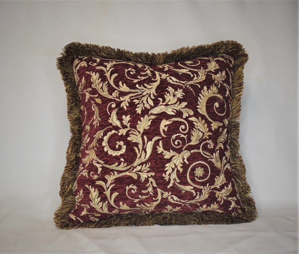 Burgundy and Gold Leaf Floral Chenille Pillow With Fringe, 23"x23"