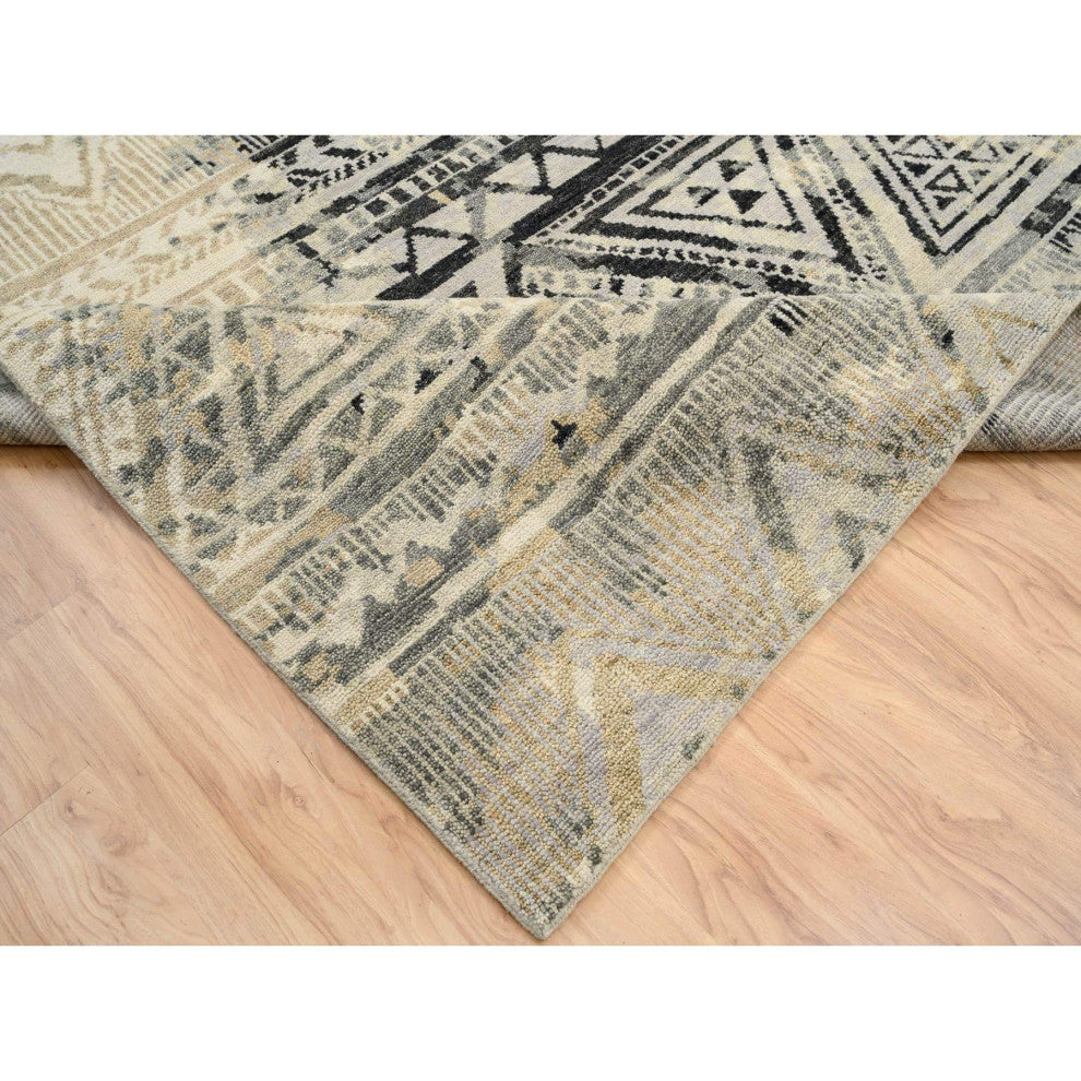 Gray, Erased Ethnic Geometric Design, Pure Wool Hand Knotted Rug, 9'9" x 13'10"