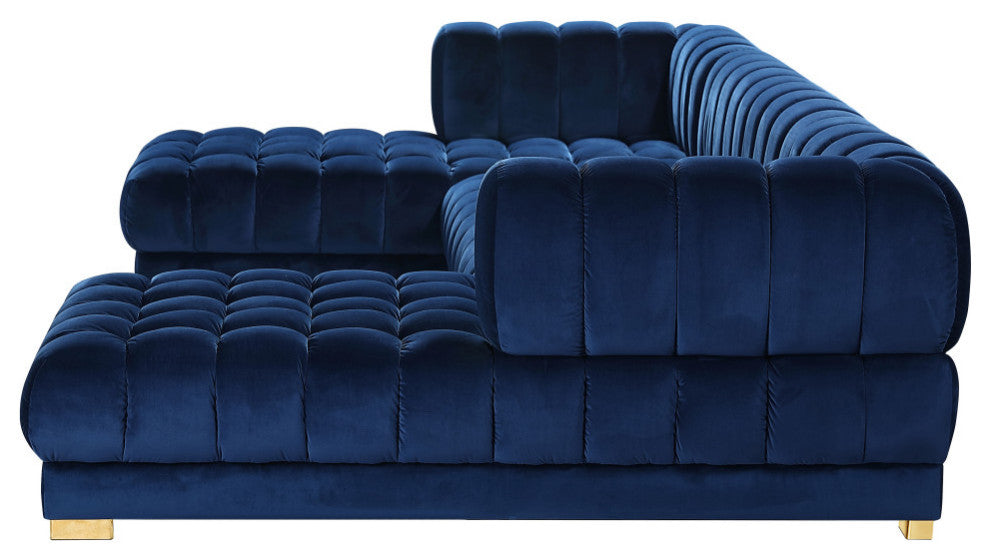 Gwen Biscuit Tufted Velvet Upholstered 3 Piece Sectional, Navy