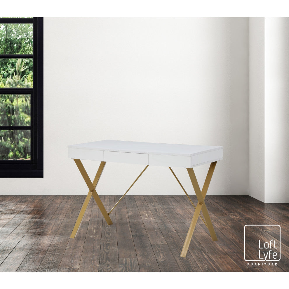 Loft Lyfe Clint Desk, 1 Storage Drawer, White/Gold 43.3Lx21.7Wx30H