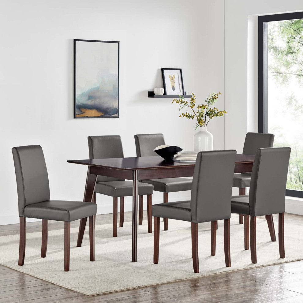 Side Dining Chair and Table Set, Faux Leather, Drak Brown Gray, Modern