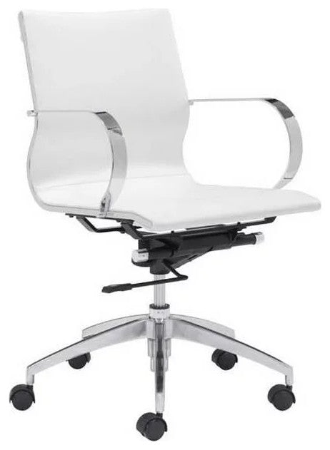 Modern Office Chair, Chrome Frame With Rounded Arms & Faux Leather Seat, White