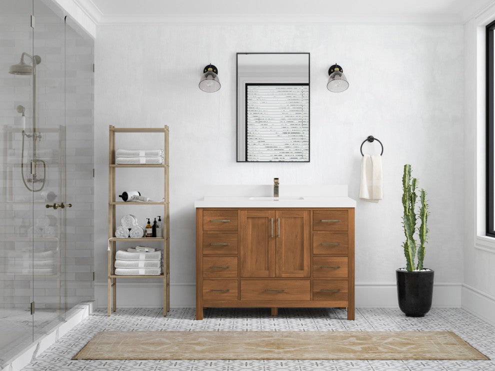 Malibu Teak 48 Single Sink Bath Vanity in Golden Teak 2" White Quartz